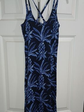 Navy Blue Pineapple-Print Strappy Summer Dress